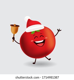 Vector mascot illustration_cute tomato wearing Christmas hat and holding bell ring_in isolated background