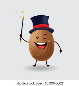 Vector mascot illustration_happy cute almond wearing hat and holding magic stick_in isolated background