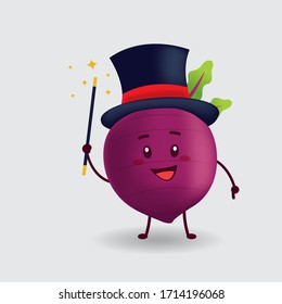 Vector mascot illustration_happy cute beetroot wearing hat and holding magic stick_in isolated background