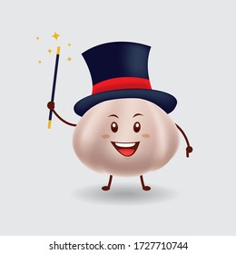 Vector mascot illustration_happy cute garlic wearing hat and holding magic stick_in isolated background