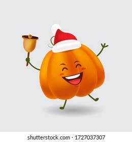Vector mascot illustration_happy cute pumpkin wearing Christmas hat and holding bell ring_in isolated background