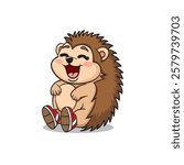 vector mascot of laughing hedgehog, wearing shoes, and isolated on white background