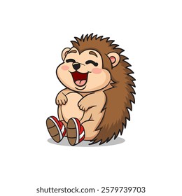 vector mascot of laughing hedgehog, wearing shoes, and isolated on white background