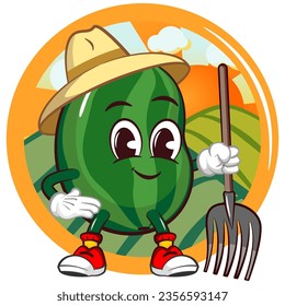 Vector mascot logo, cartoon and illustration of a cute watermelon fruit farmer in front of a field with bright sunshine