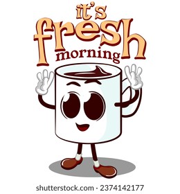vector mascot logo of a characters from a cute cheerful mug with the words its's fresh morning