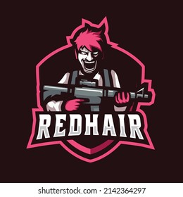 Vektormaskottlogo-Design mit modernem Illustrationskonzept für Abzeichen, Emblem, e Sport-Logo und T-Shirt-Druck. Psychopath-Illustration mit rotem Haar.