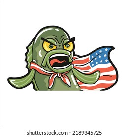 vector mascot logo of green angry fish with american flag as cloak. customable text
