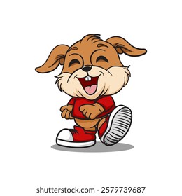 vector mascot rabbit laughing, wearing clothes and shoes, and isolated on a white background