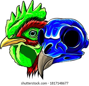 vector mascot of rooster head and skull illustration art