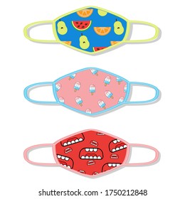 A vector mask with a funny design on the mouth, will not break if the size is enlarged, there is a picture of the mouth, ice cream, and fruit