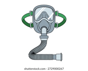 vector mask icon with clear visor, green straps, and flexible breathing hose. Clean vector illustration for safety, protection, industrial, hazard, and PPE concepts.