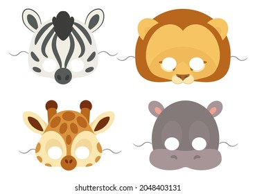 Vector mask set of cute African animals: lion, giraffe, zebra and hippopotamus. Collection of cute animal paper face masks.