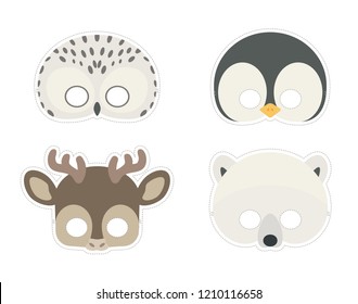 Vector mask set of cute snowy winter animals: snowy owl, penguin, reindeer and polar bear. Animal masks for children. 