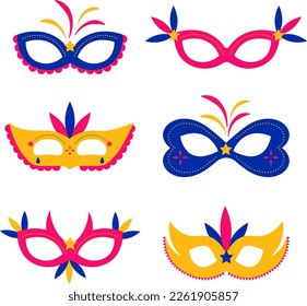 Vector mask set. Illustration of colorful costume masks for Mardi Gras celebration and carnival