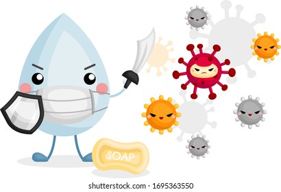 Un vector de dibujos animados sobre el agua que lucha contra los virus con su espada y su escudo 