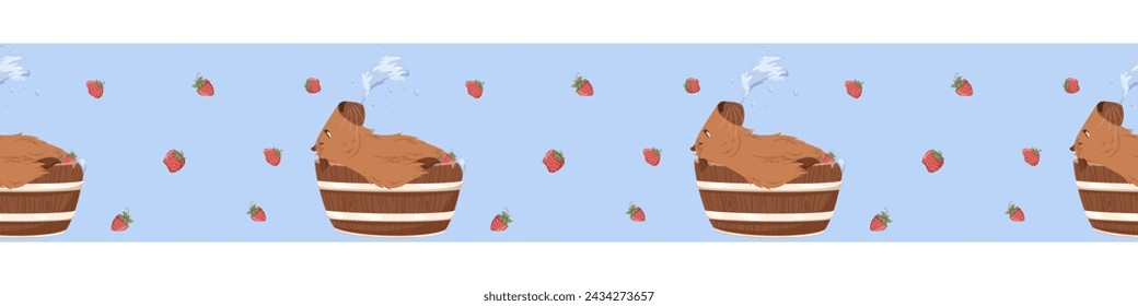 Vector masking tapes with bathing capybaras and strawberries. Seamless border.  Washi tape design. Blue background.