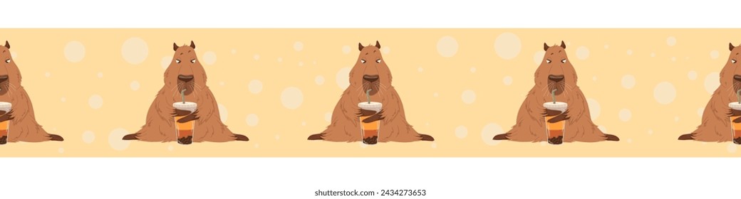 Vector masking tapes with capybaras and bubble tea. Seamless border.  Washi tape design. Yellow background.