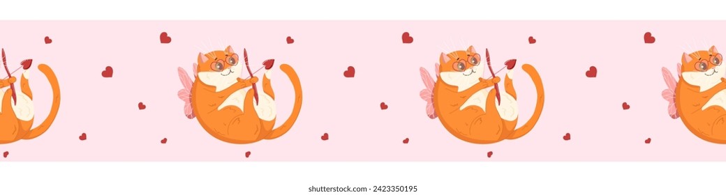 Vector masking tapes with oranges cats. Seamless border with valentine's day design.  Pink pattern background with hearts.
