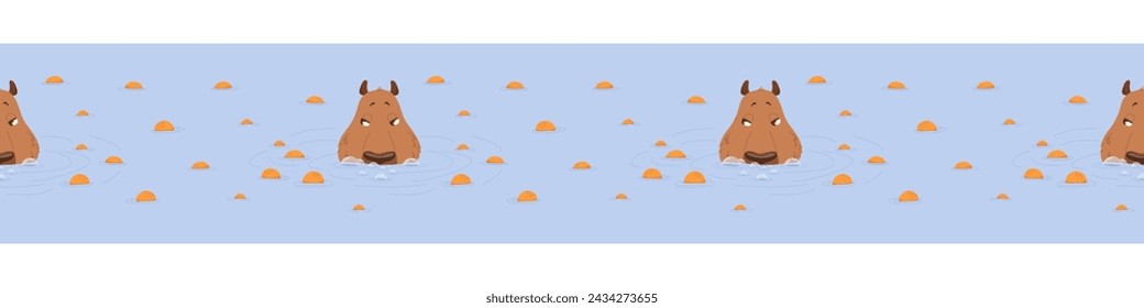 Vector masking tapes with swimming capybaras and oranges. Seamless border. Washi tape design. Blue background.