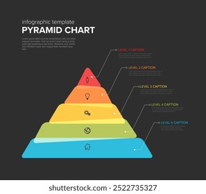 Vector Maslow Infografía Plantilla de capas de estilete con cinco niveles - Plantilla de pirámide de color sobre fondo oscuro con iconos y descripciones hechas de bloques superpuestos