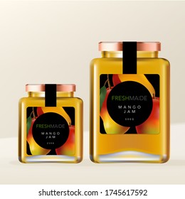 Vector Mason Jar or Jam Bottle Metallic Screw Cap Glass Bottle Packaging with Mango Illustration