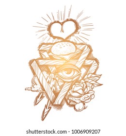 Vector masonic symbol all seeing eye under sacred heart and pyramid with burger and rose. Monochrome vector illustration in vintage style isolated on white background