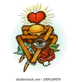 Vector masonic symbol all seeing eye under sacred heart and pyramid with burger and rose. Color vector illustration in vintage style isolated on white background