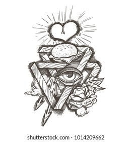 Vector masonic symbol all seeing eye under sacred heart and pyramid with burger and rose. Monochrome vector illustration in vintage style isolated on white background