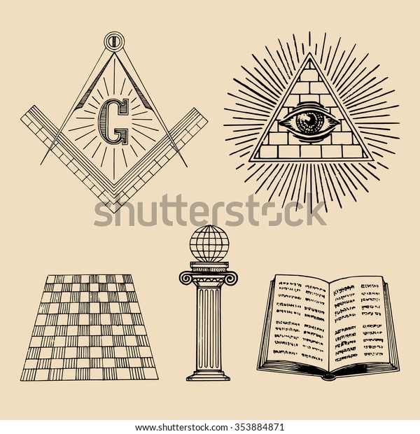 ベクターマソニックシンボルセット 神聖な社会のアイコン フリーメーソンの紋章 ロゴ 奥義イラスト集 のベクター画像素材 ロイヤリティフリー