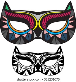 Vector Masquerade animal Mask. Isolated hand drawn illustration. Black and white mask for coloring. Cat