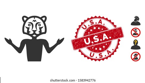 Vector masquerade icon and rubber round stamp seal with U.S.A. caption. Flat masquerade icon is isolated on a white background. U.S.A. stamp seal uses red color and rubber texture.