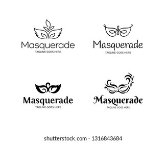 Vector Masquerade logo template set. Festive design concept with mask. Carnival masque party illustration background. Mardi Gras icon symbol collection in black