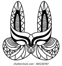 Vector Masquerade Mask of rabbit. Isolated hand drawn illustration. Black and white mask for coloring.