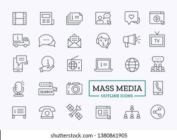 Vector Mass media outline icons. Telecom and information channels symbols