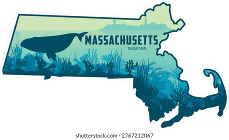 vector Massachusetts sticker design with Right Whale and Truro Cape Cod Highland Lighthouse	