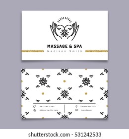 Vector Massage And Spa Therapy Business Card Template. Trendy Linear Icon Hands Holding Heart. Beauty, Relax And Natural Medicine Thin Line Symbols. Business Card Spa Studio. Vector Illustration