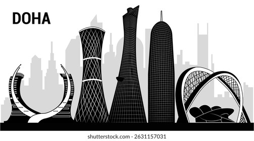 Uma obra-prima vetorial mostrando a silhueta detalhada do horizonte de Doha — elegante, moderna e icônica. Perfeito para viajar arte, branding, lembranças e projetos criativos com tema do Catar