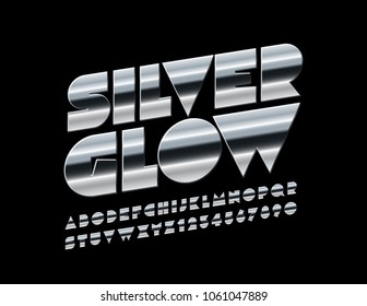 Signo de alfombra vectorial Silver Glow. Fuente industrial metálica. Letras, números y símbolos originales de los grandes alfabetos