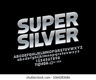 Vector mat Super Silver Font. Elegant rotated Alphabet Letters, Numbers and Symbols