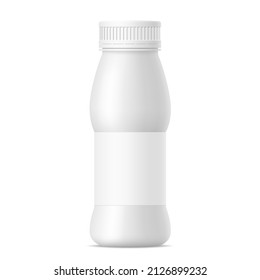 Vector Mat White Realistic Mockup Of Yogurt Bottle With Cap And Paper Label. Milk, Tea, Juice Or Sour Cream Plastic Package On White Background. 3d Mock Up For Your Design