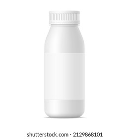 Vector Mat White Realistic Mockup Of Yogurt Bottle With Cap And Paper Label. Milk, Tea, Juice, Vitamin, Pills Plastic Package On White Background. 3d Mock Up For Your Design