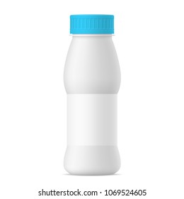 Vector mat white realistic yogurt bottle with blue cap and paper label. Milk, tea, juice or sour cream plastic pack on white background. 3d mock up for your design