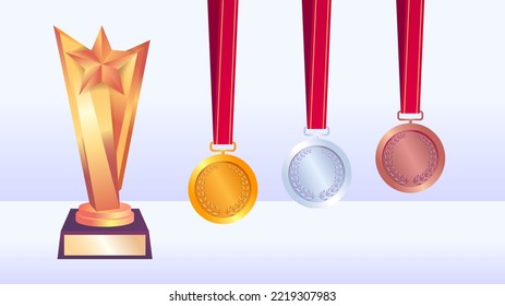 trofeo de premio al partido vectorial y 3 medallas de oro, plata y bronce