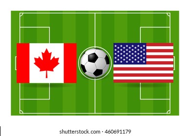 vector match between teams from America and Canada, the flags of the teams on the football field