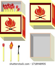 vector of match box(inside and outside) with matchsticks(new, burning and burned).