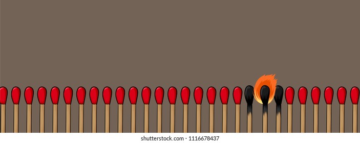 vector match on brown background  unique concept for timeline cover and website, independent matchstick design for business and article with copy space for text.