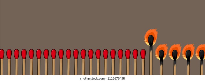 vector match on brown background  unique concept for timeline cover and website, independent matchstick design for business and article with copy space for text.