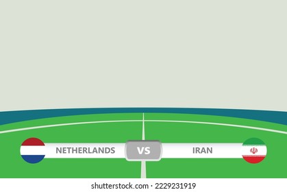 Vector match preview with a lower third label within football stadium background. Netherlands vs Iran.