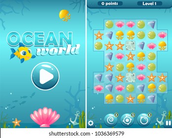 Vector match three ocean world game with start screen and field including background, settings, points, boosters, level