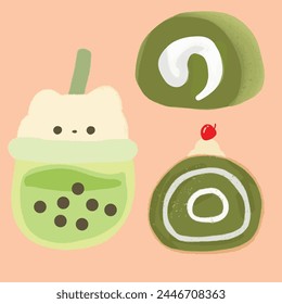 Vector Matcha Cake Boba Drink